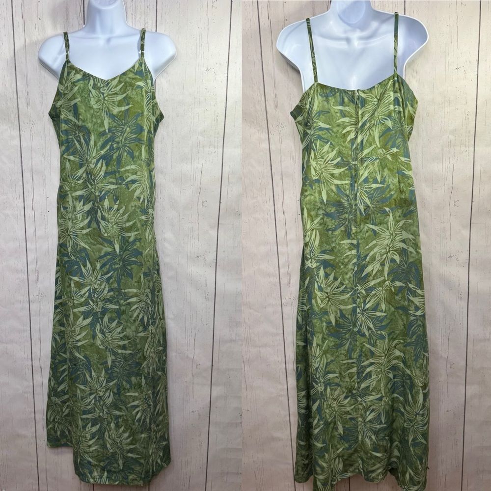 Santiki Green Tropical Leaf Print Maxi Dress Size L Boho Island Summer Beachwear